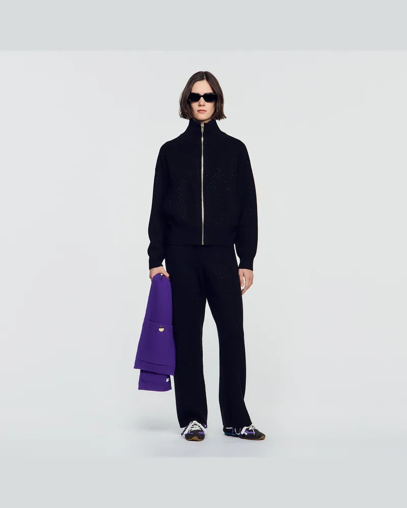 Sandro Cardigan mit Stehkragen und Strass Schwarz