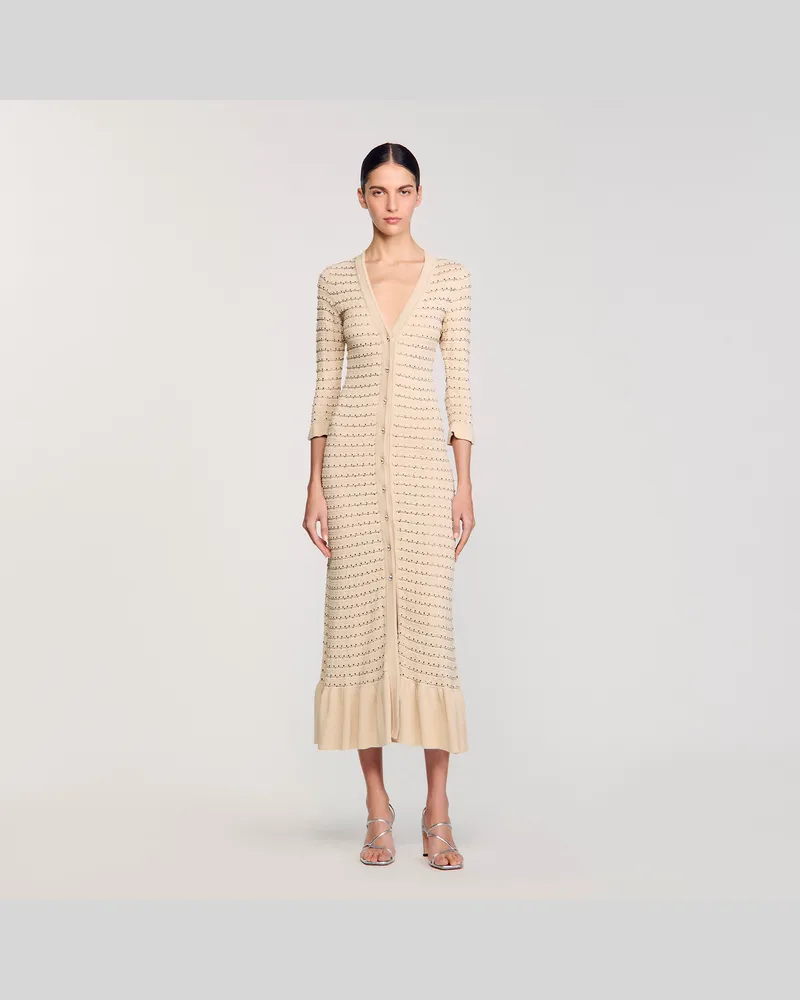 Sandro Langes Strickkleid mit Strassbesatz Beige