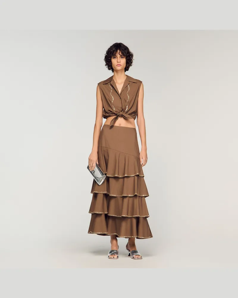 Sandro Langer Rock mit Strass und Volants Braun
