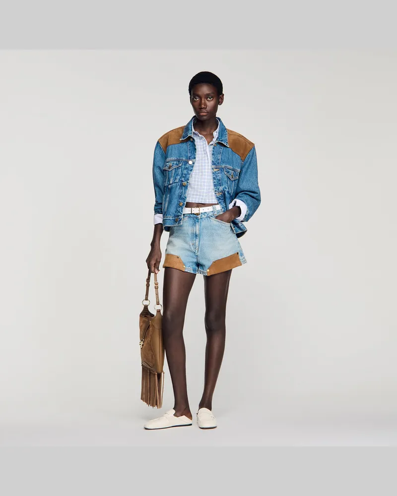 Sandro Denim- und Suede-Shorts mit Nieten Hell-jeansblau
