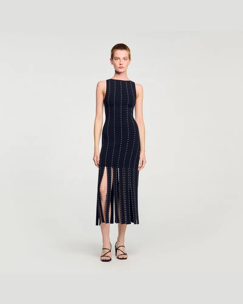 Sandro Langes Strickkleid mit Fransen Schwarz