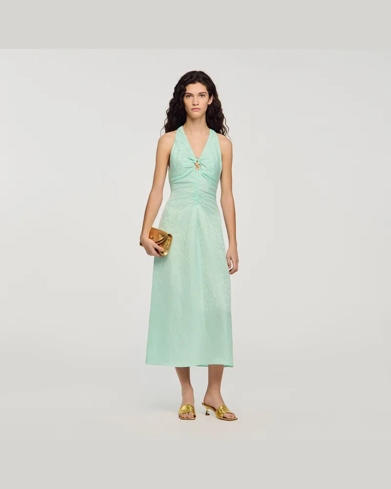 Sandro Langes Blumenkleid mit V-Ausschnitt Wasser-grün