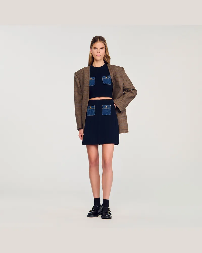 Sandro Kurzer Rock aus Strick und Denim Marine