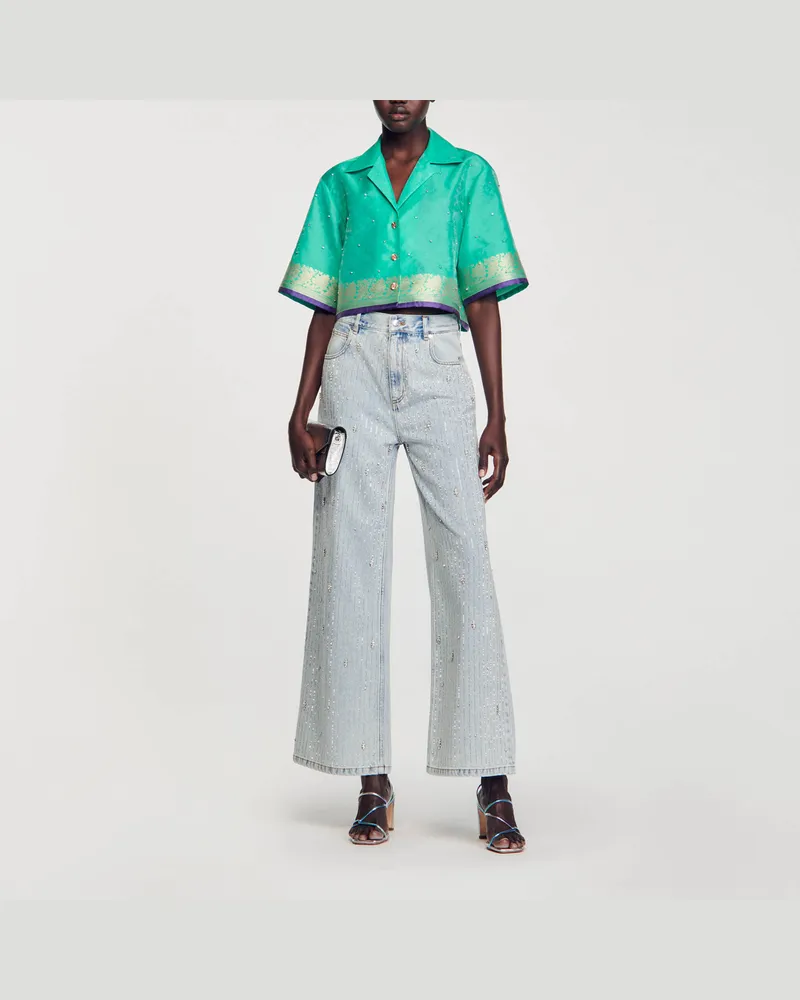 Sandro Kurze Hemdbluse aus Jacquard mit Strass Bleu