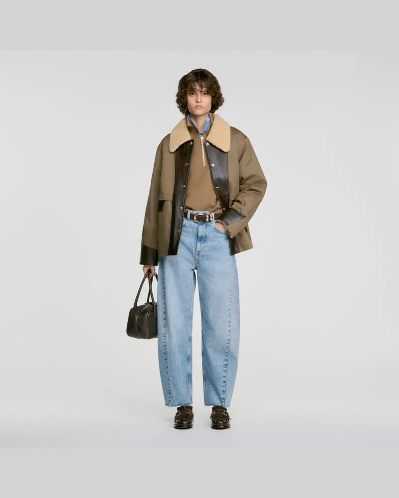 Sandro Zweifarbiger Lammfellmantel Khaki