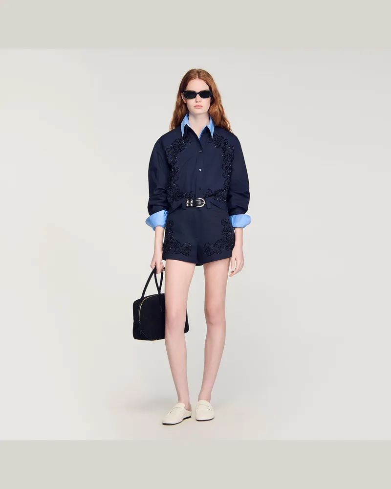 Sandro Bestickte Shorts aus Baumwolle Marine