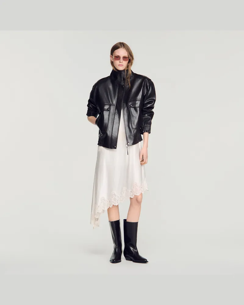 Sandro Oversize-Lederjacke mit Stehkragen Dunkel-braun