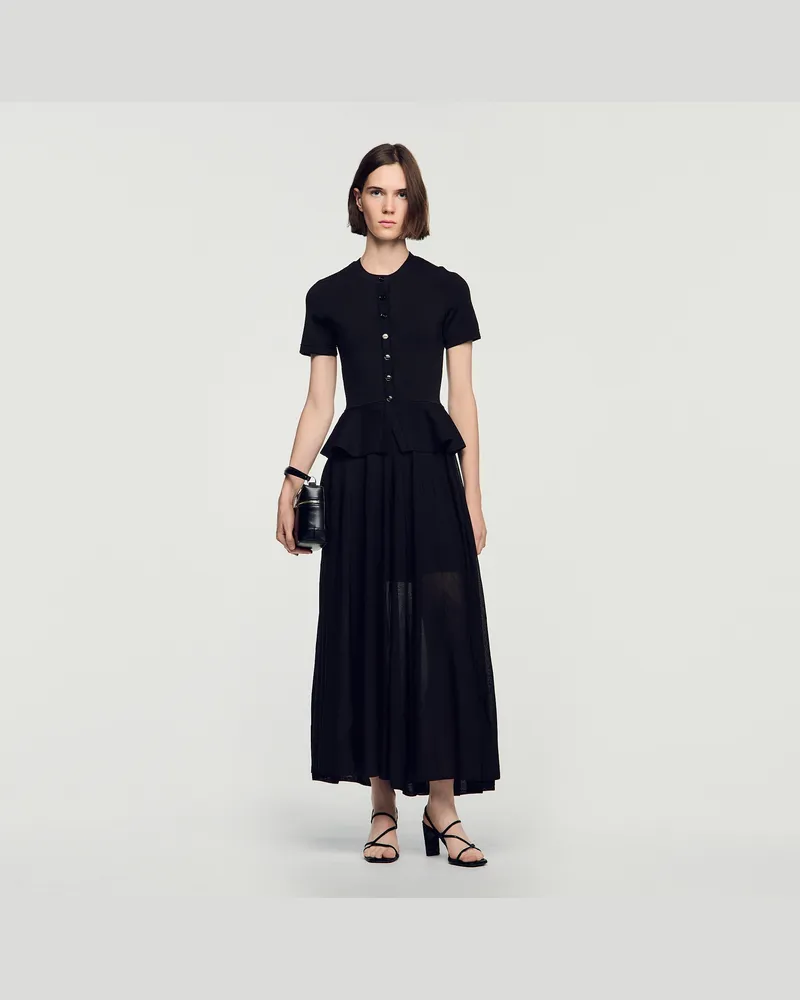 Sandro Langes Strickkleid mit Schößchen Schwarz
