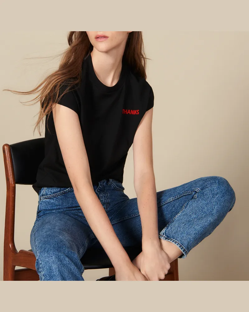 Sandro T-Shirt mit Thanks-Aufschrift Schwarz