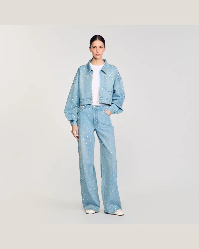 Sandro Jeansjacke mit Strass und Perlen Jeansblau