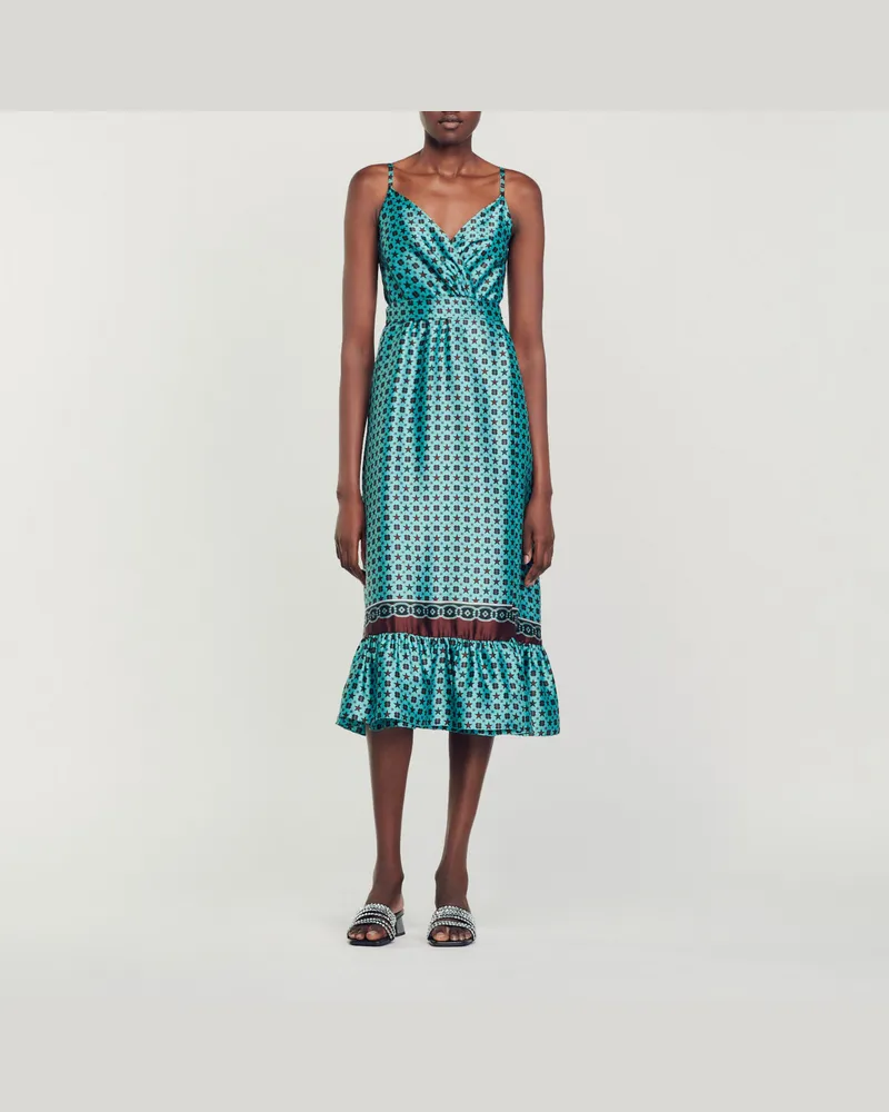 Sandro Midikleid aus Satin mit Print Türkis