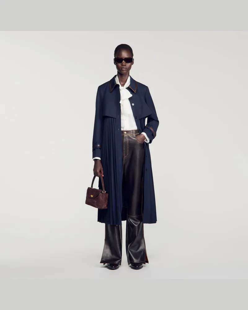 Sandro Trenchcoat mit Plissee-Lederkragen Marine