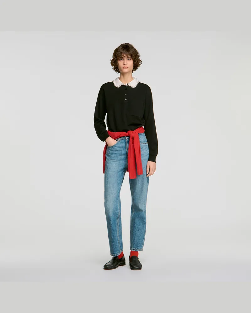 Sandro Pullover mit Polokragen und Perlen Schwarz