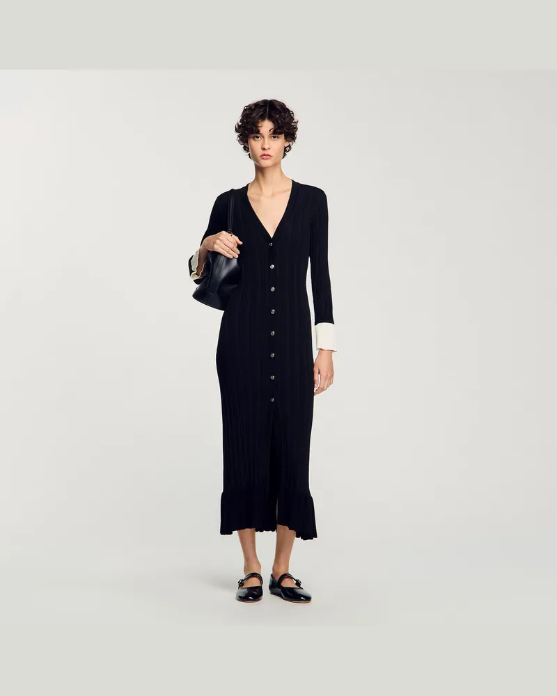 Sandro Langes zweifarbiges Strickkleid Schwarz