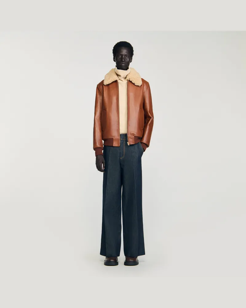 Sandro Lederjacke mit Fellkragen Cognac.