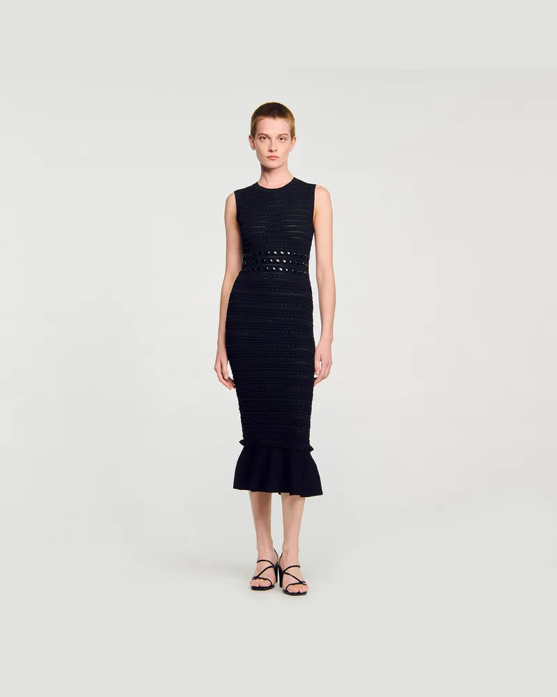 Sandro Langes Strickkleid mit Nieten Schwarz