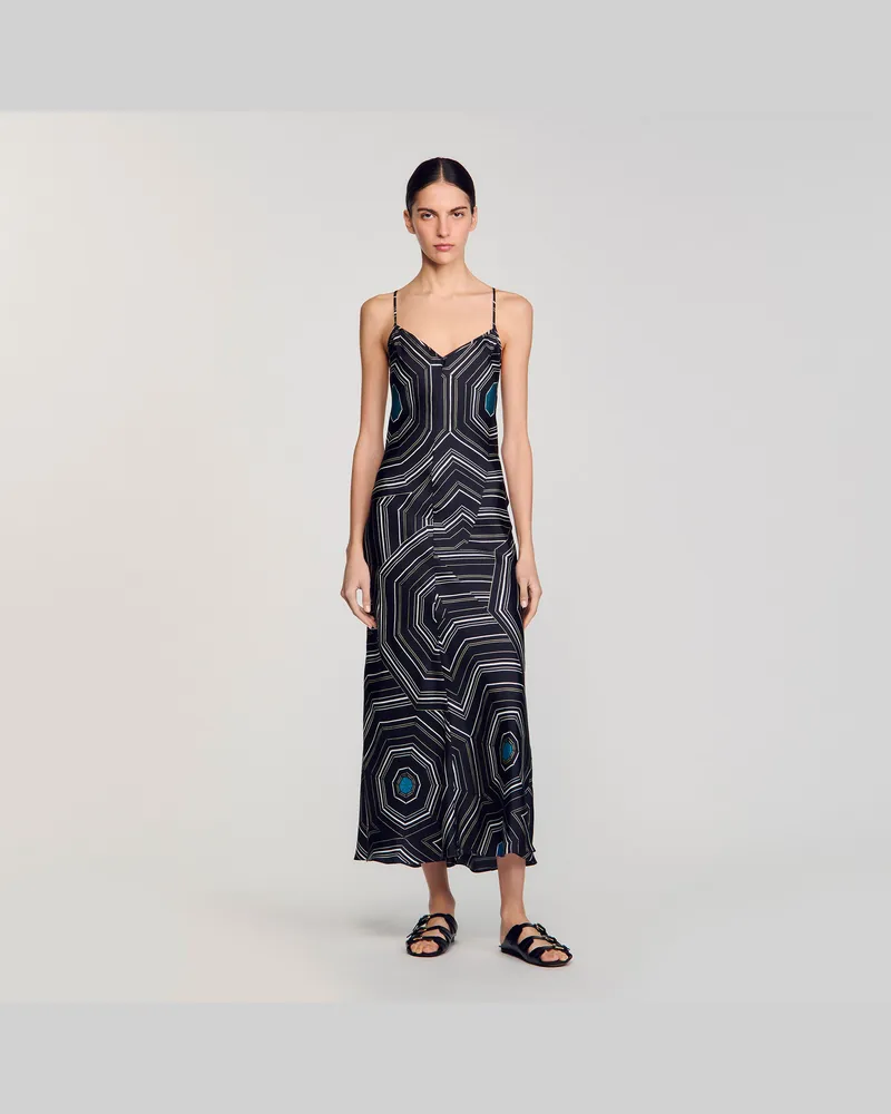 Sandro Langes bedrucktes Seidenkleid Schwarz