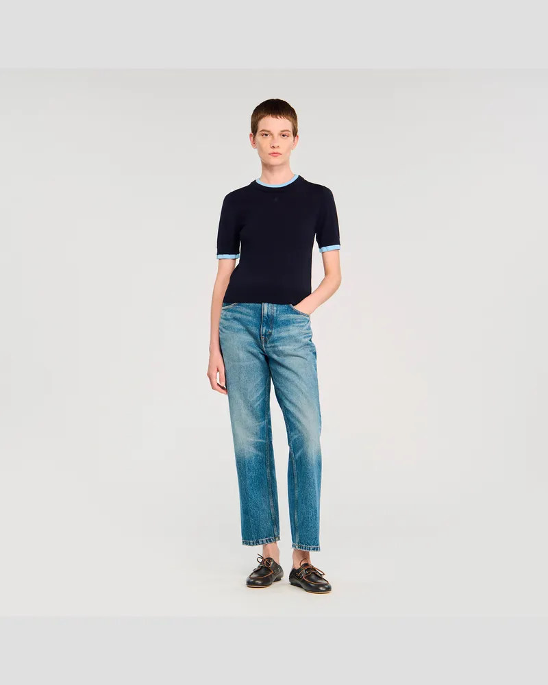 Sandro Zweifarbiger kurzer Pullover Marine
