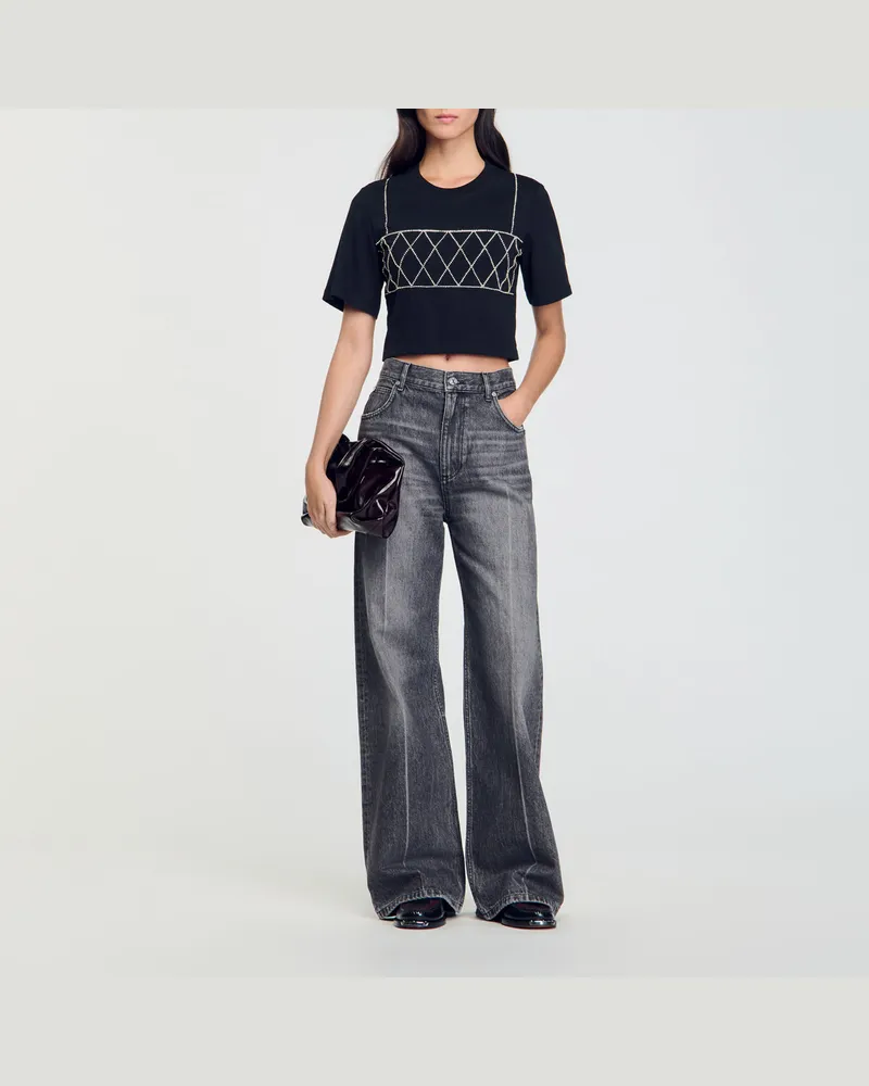 Sandro Kurzes T-Shirt mit Strass Schwarz