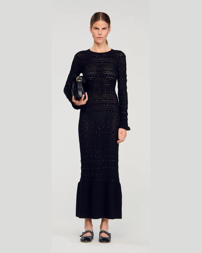 Sandro Langes Strickkleid mit Strassbesatz Schwarz