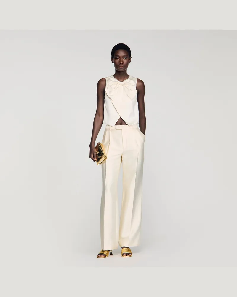 Sandro Kurzes Satin-Top mit Schleife Ecru