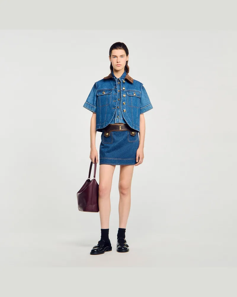Sandro Kurzer Rock aus Denim und Leder Dunkel-blau