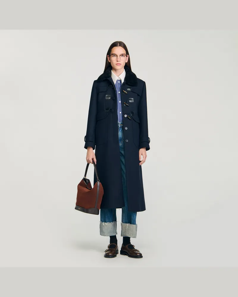 Sandro Langer Mantel mit Velourskragen Marine