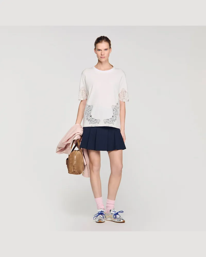 Sandro Baumwoll-T-Shirt mit Spitzendetails Ecru