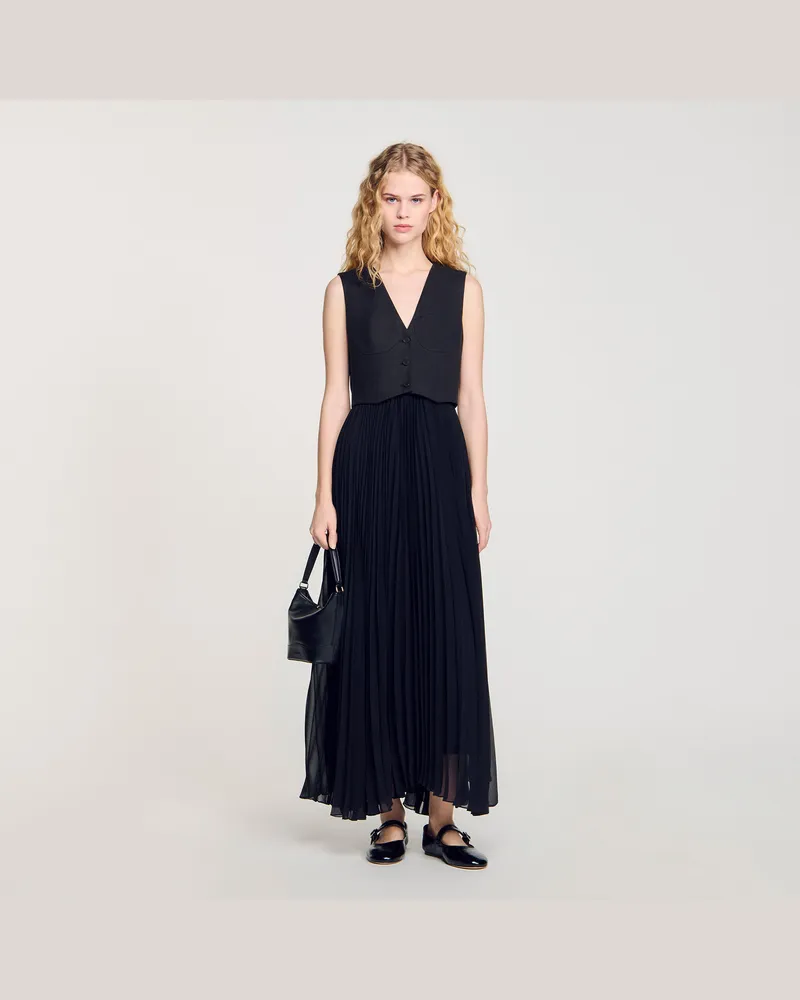Sandro Langes Plisseekleid Schwarz