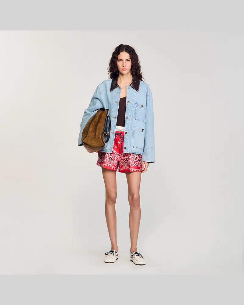 Sandro Blouson aus Denim mit Lederkragen Hell-jeansblau