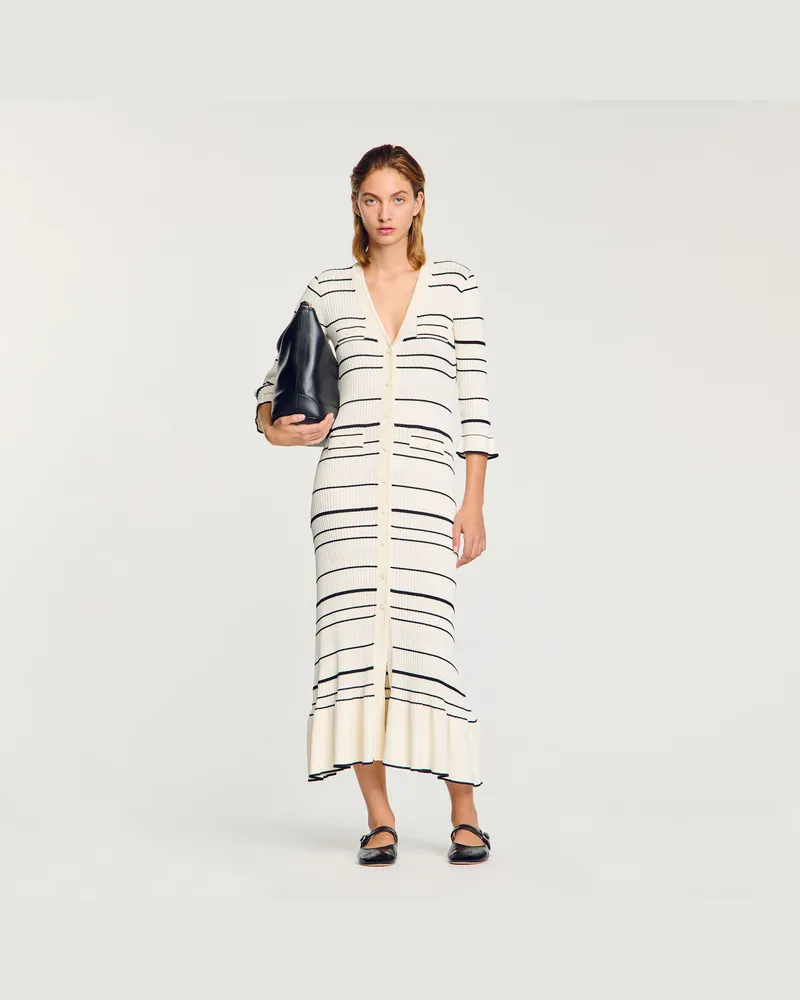 Sandro Langes Strickkleid mit Streifen Ecru