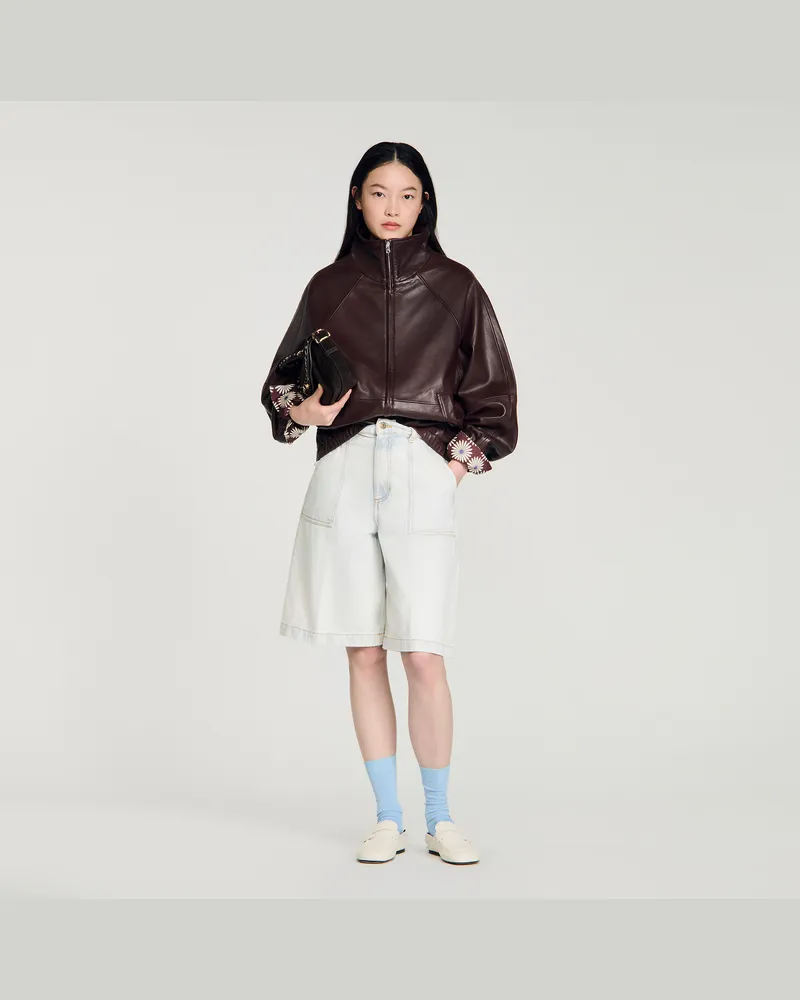 Sandro Oversize-Lederjacke mit Zipper Braun
