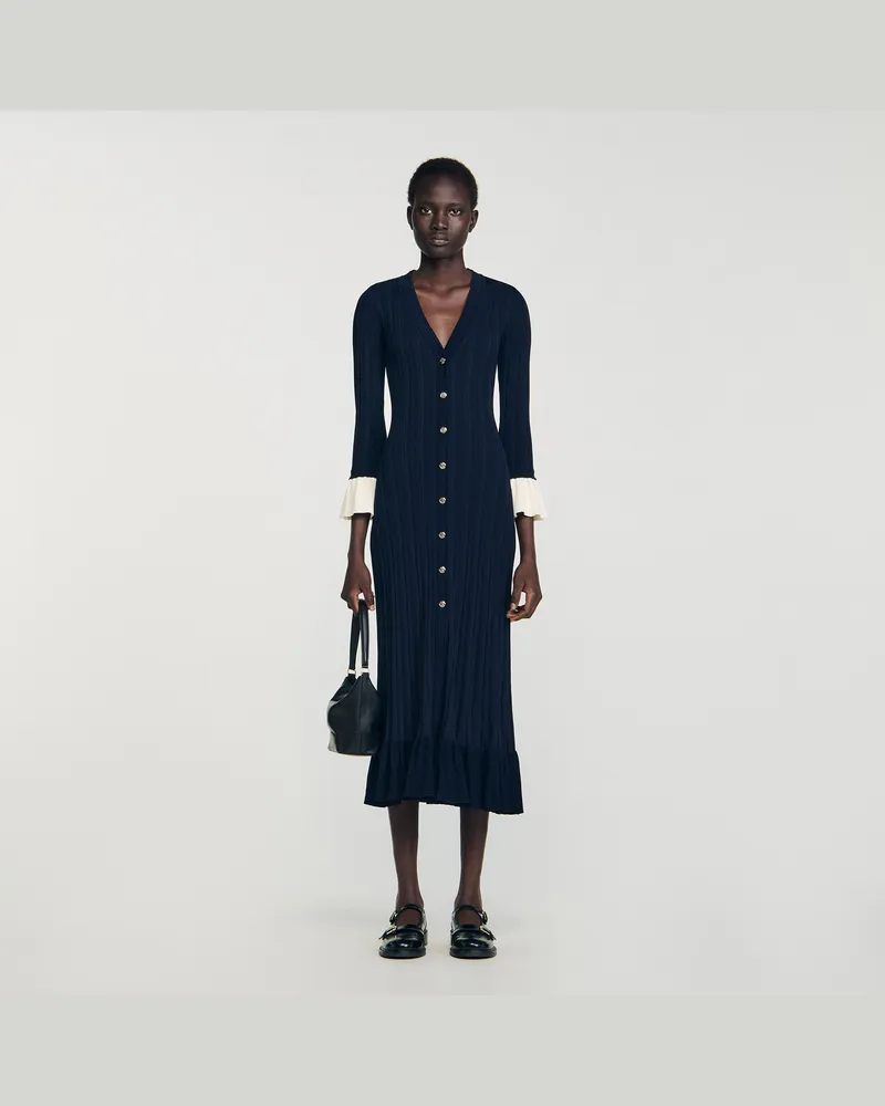 Sandro Langes zweifarbiges Strickkleid Marine