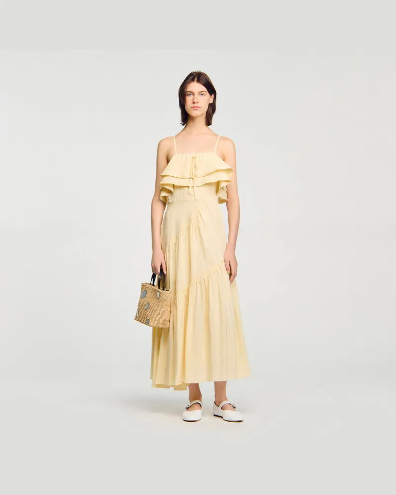 Sandro Langes Kleid mit Volants Vanille