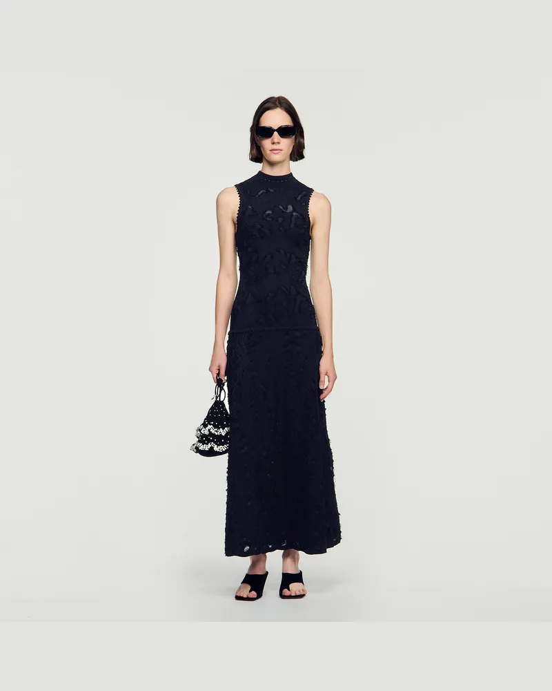 Sandro Langes Strickkleid mit Blumenmuster Schwarz