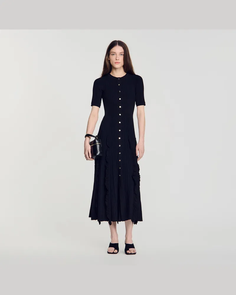 Sandro Langes Strickkleid mit Volants Schwarz