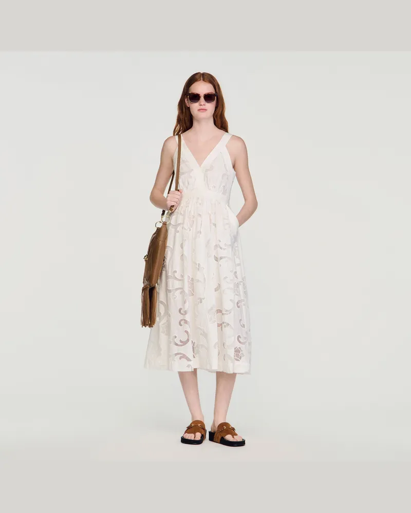 Sandro Langes Blumen-Ajourkleid Ecru