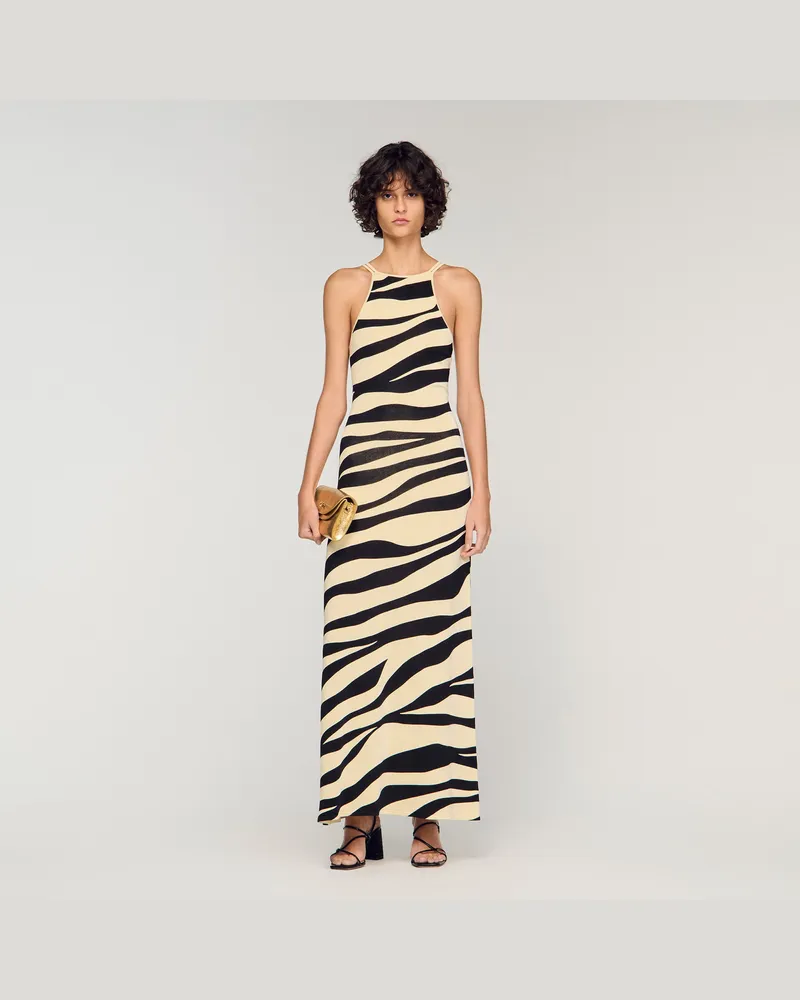 Sandro Langes Strickkleid mit Zebramuster Ecru