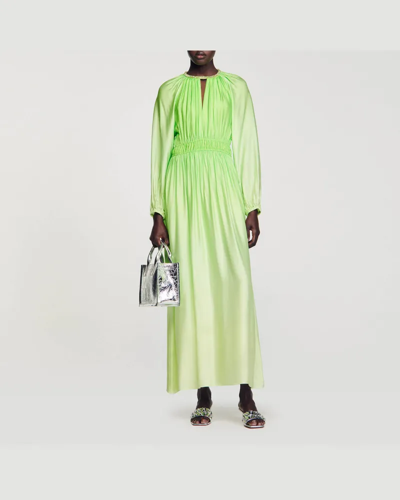 Sandro Langes Kleid mit Strass am Kragen Neon-grün