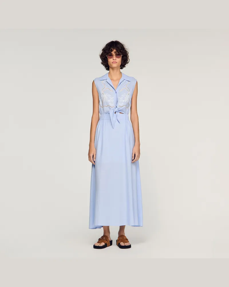 Sandro Langes besticktes Leinenkleid Himmel-blau