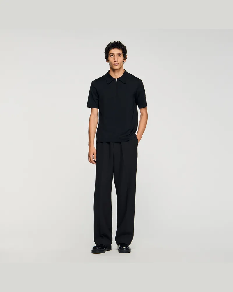Sandro Poloshirt aus Strick mit Reißverschluss Schwarz