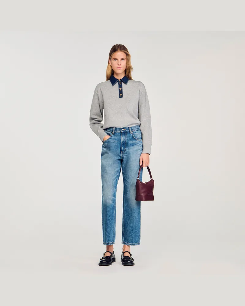Sandro Pullover mit Kragen aus Jeansstoff Grau