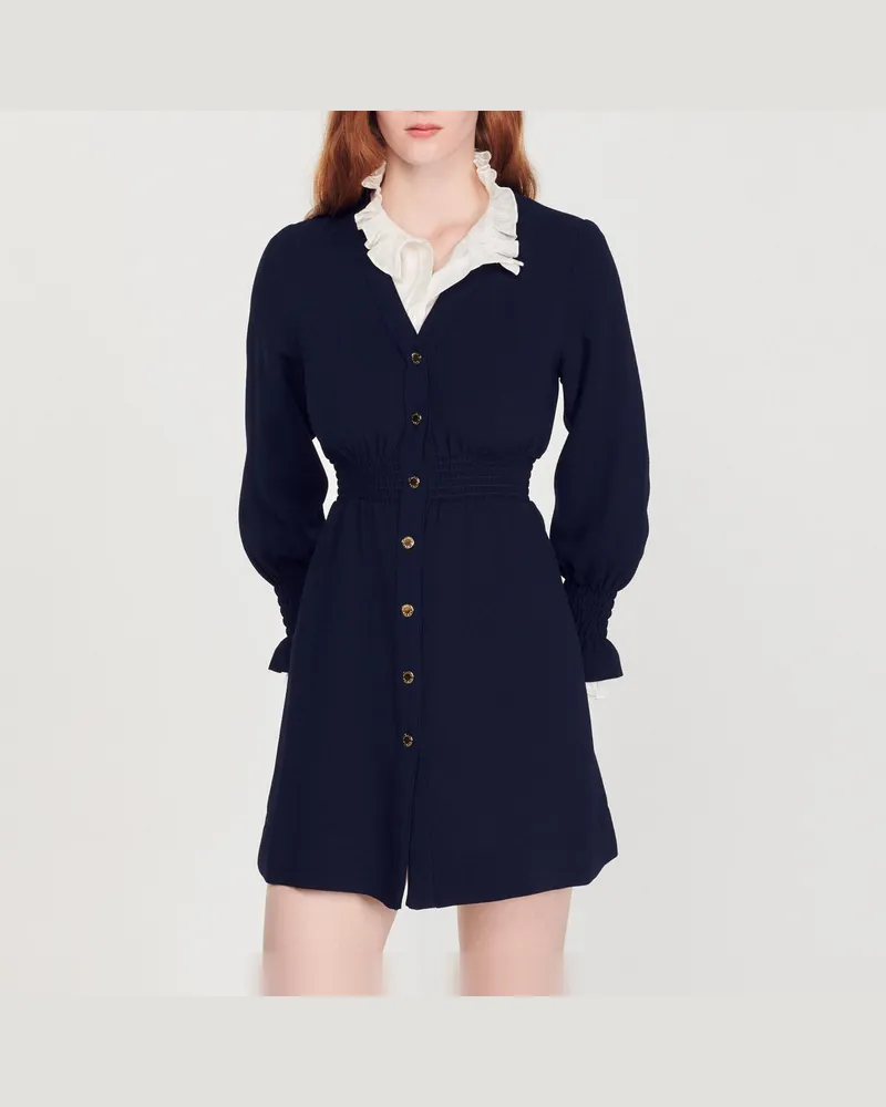Sandro Druckknöpfenkleid mit gesmoktem Gürtel Marine