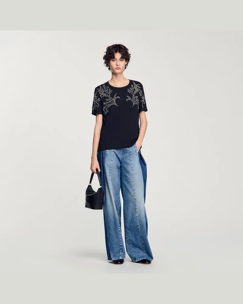 Sandro T-Shirt mit bestickten Details Schwarz