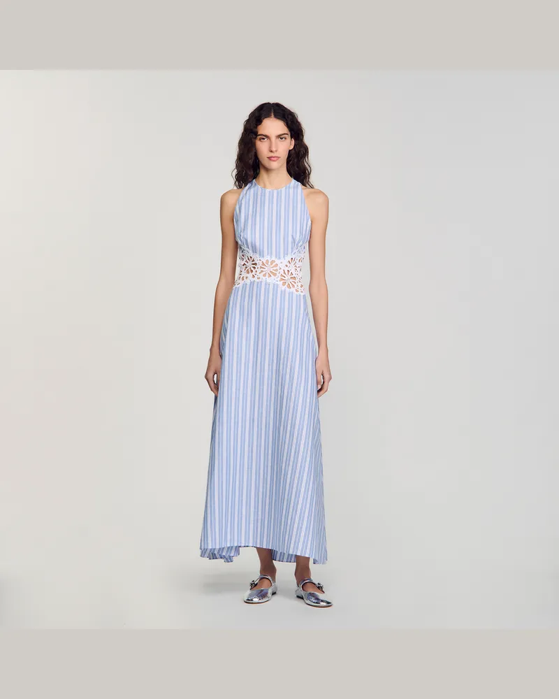 Sandro Langes Streifenkleid mit Spitze Blau