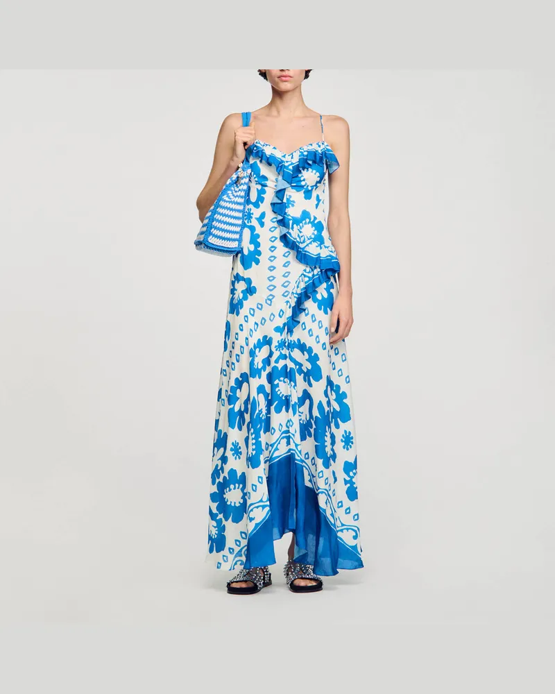 Sandro Kleid mit Print und Volants Blau