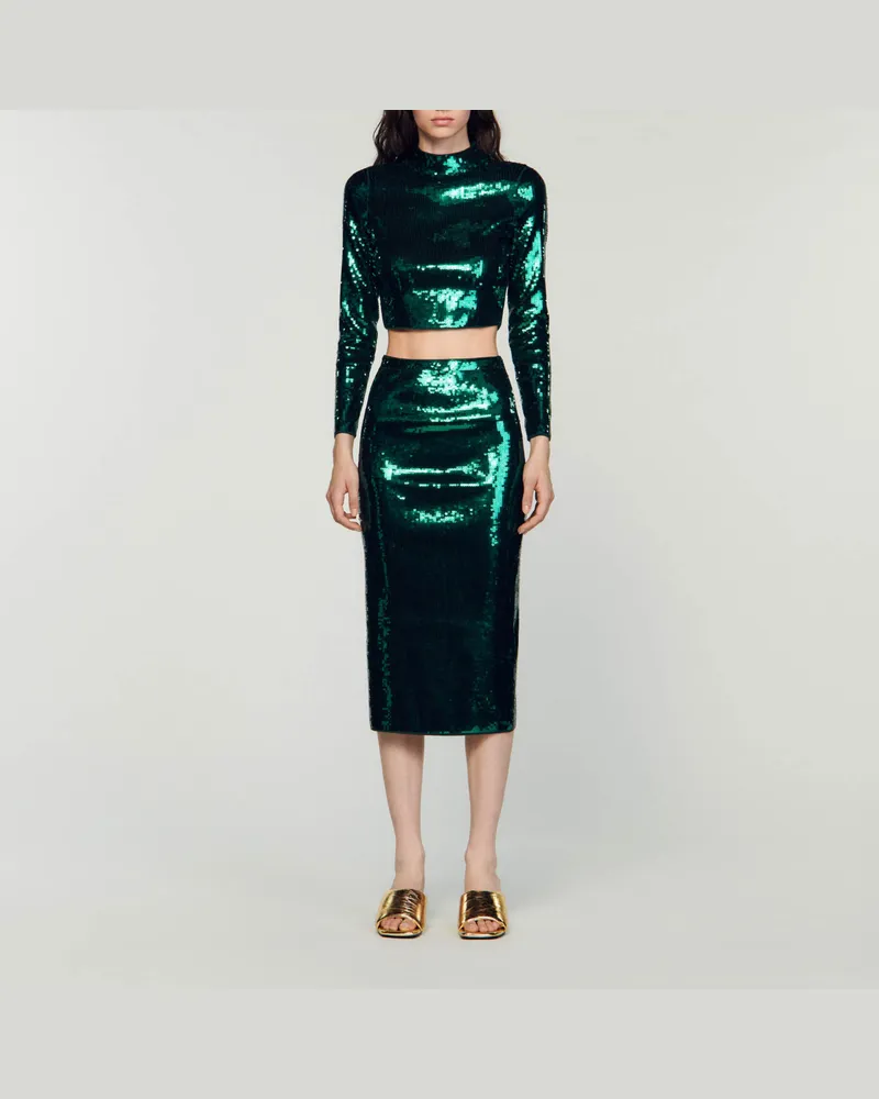 Sandro Kurzer Strickpullover mit Pailletten Grün