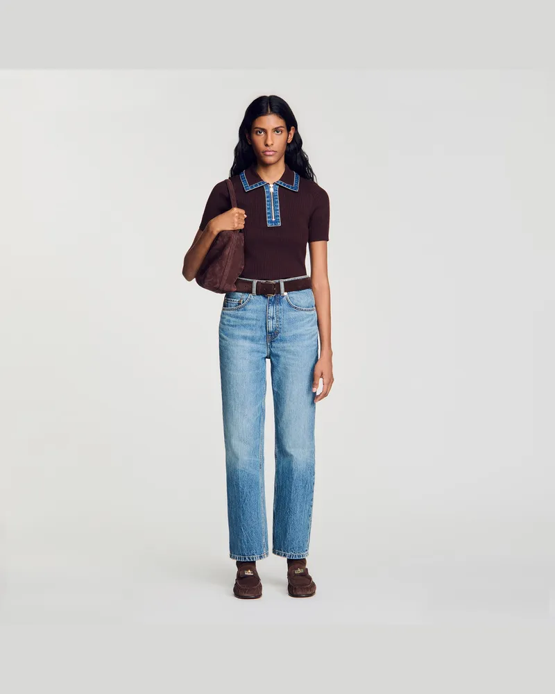 Sandro Strickpullover mit Denim-Kragen Braun