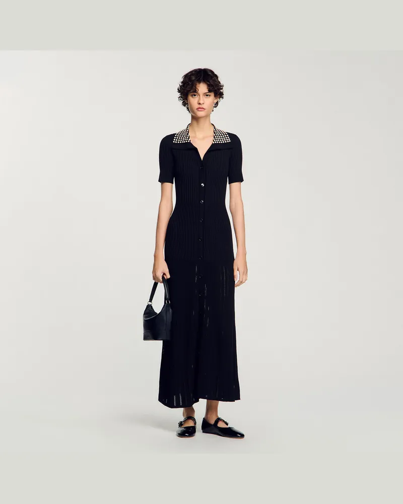 Sandro Langes Strickkleid mit Nieten Schwarz