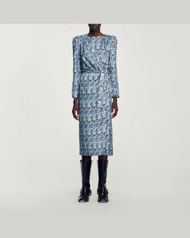 Sandro Langes Seidenkleid mit Drapierung Blau